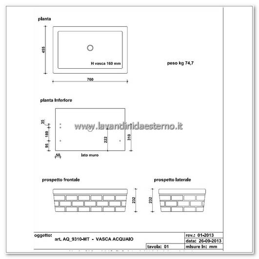 scheda tecnica acquaio da esterno nonna ebe aq9310 mt