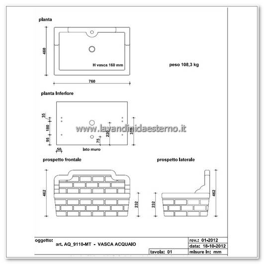 scheda tecnica acquaio da esterno vasca nonna matilde aq9110 mt tab